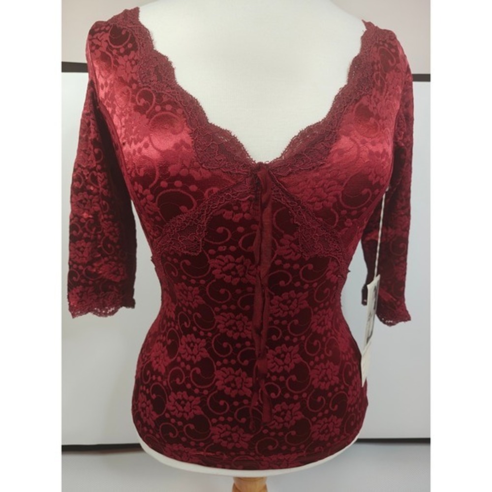 Ann Ferriday Burgundy Floral Burnout Velvet Lace Trim V-Neck Top NWT